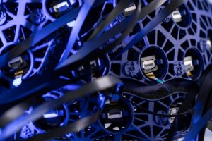 A close-up of the OPM-MEG helmet. The helmet itself is 3D printed to house the sensors