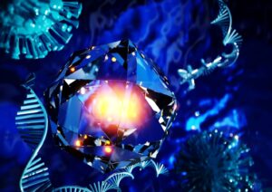 An artistic visualisation of a nanodiamond surrounded by DNA strands and viruses